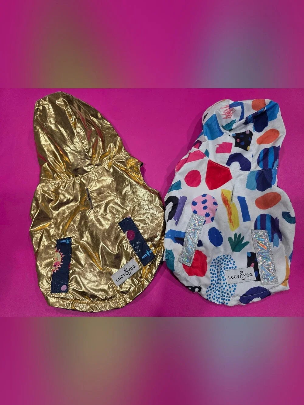 Lucy & Co. Metallic Gold and Multicolor 2 Dog Hooded Jackets